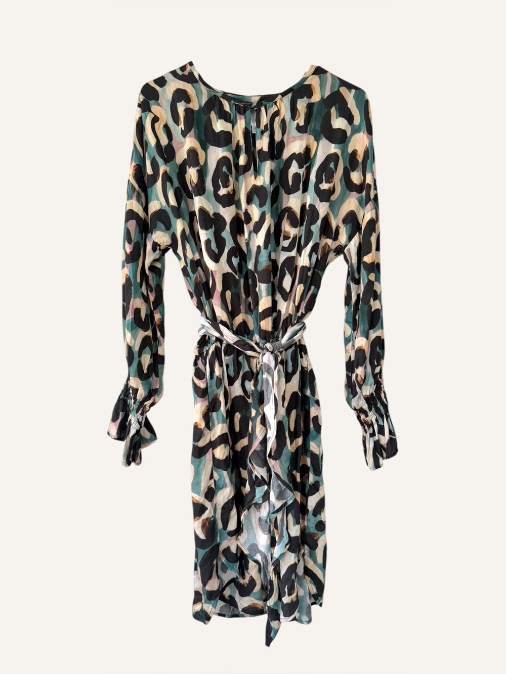 Finley Milo Multicolor Leopard-Print Long Sleeve Tie-Waist Shirt Dress size S